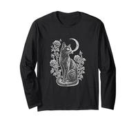 Black Cat Crescent Moon Gothic Rose Vintage Witchy Design Maglia a Manica
