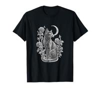 Black Cat Crescent Moon Gothic Rose Vintage Witchy Design Maglietta