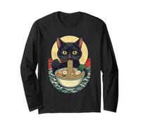 Black Cat Eating Ramen Japanese Noodles Kawaii Food Anime Maglia a Manica