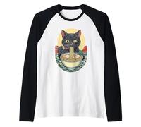 Black Cat Eating Ramen Japanese Noodles Kawaii Food Anime Maglia con Maniche Raglan