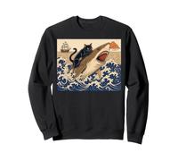 Black Cat Hunting Shark Ukiyo-e Ocean Art Japanese Style Felpa