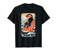 Black Cat Koi Japanese Ukiyoe Art Sakura Waves Zen Maglietta