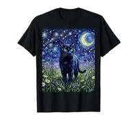 Black Cat Night Glow Stars And Moon Opera d'Arte Maglietta
