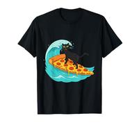 Black Cat Pizza Surf Wave, Cavaliere Felino Oceano Divertimento Maglietta