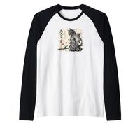 Black Cat Samurai Guerriero Giapponese Katana Vintage Ink Art Maglia con Maniche Raglan