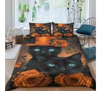 Black cats with hatsSet Di Copripiumino morbida 3 pezzi motivo 3D cerniera nascosta Gothic floral art copripiumino con federa soffice for bambini adulti ragazzi Single（135x200cm）