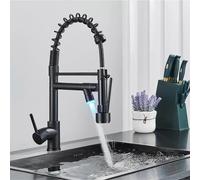 (Black)Commerical Kitchen Faucet With Pull Down Sprayer, Single Handle Kitchen Sink Faucet With Led Light 2 Spout