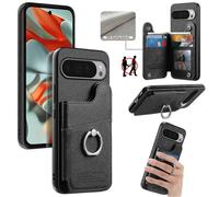 (Black)Compatible for Google Pixel 9 Pro XL / Pixel 10 Pro XL Case with Card Holder & Kickstand, Leather + TPU + PC Hybrid Protective Phone Cover