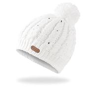 Black Crevice Berretto a Maglia da Donna I Berretto da Donna Invernale con Strass e Pompon (Taglia Unica, Bianco)