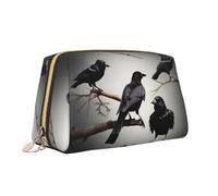 Black Crow Birds on a Branch Print Leather Portable Zipper Makeup Bag Cosmetic Pouch Travel Organizer Toiletry Clutch
