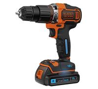 Black + Decker, 18 V 1.5 Ah - Trapano avvitatore a percussione a batteria a 2 velocità, 2 Smart Tech con ricarica USB caricatore veloce, doppio bit, e valigetta, 1 pezzo, bdchd 18kbst