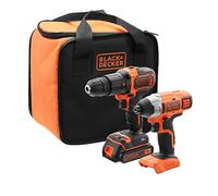 BLACK+DECKER BCK21S1S-QW - Kit trapano a percussione e avvitatore a impatto senza fili, 1 batteria, consegnato in sacchetto di immagazzinaggio, 18 V