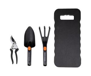 BLACK+DECKER Set di attrezzi da giardino - Kit da giardinaggio 4 pezzi - Tappetino per ginocchia, potatura, pala e artiglio da giardino, capacità di taglio 13 mm, colore: nero/arancione