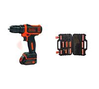 BLACK+DECKER Trapano Avvitatore Compatto A Batteria Litio, 10.8V, Nero & A7200-XJ Punte Trapano, Set Titanium Per Forare E Avvitare, 109 Pezzi, Nero,