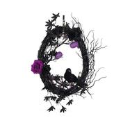 Black Halloween Door Wreaths , Dead Branch with Purpl Rose and Crow Decorative Oval Wreath, LED String Light Weird Crow Pumpkin Wreath for Halloween