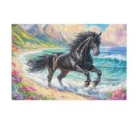 Black Horse Galloping on Blossom Shore Puzzle 1000 Pezzi Rompicapo Creativo Artistico Stimolo Della Creatività Attività Per Il Tempo Libero Regalo Per Persone Creative 1000 PCS