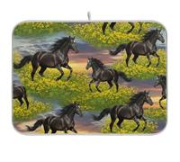 Black Horses - Tappetino scolapiatti con prato verde, 45,7 x 40,6 cm, tappetino da cucina reversibile assorbente per bancone della cucina