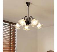 Black Metal Mid Century White Milk Glass Flower Chandelier Sputnik Vintage Farmhouse Hanging Lamp Rustic Pendant Light for Kitchen Island Bedroom Dining Living Room