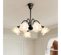 Black Metal Mid Century White Milk Glass Flower Chandelier Sputnik Vintage Farmhouse Hanging Lamp Rustic Pendant Light for Kitchen Island Bedroom Dining Living Room