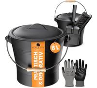 BLACK OAK Lana - Secchio per cenere Lanin, 8 l, nero con coperchio e manico in legno chiaro, con spazzola, pala e guanti, 8 l, in acciaio zincato e verniciato a polvere, per pellet di carbone di
