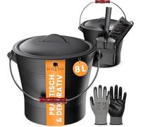 BLACK OAK LANIN - Secchio per cenere, 8 l, nero con coperchio e manico in legno scuro + spazzola, pala e guanti, 8 l, in acciaio zincato e verniciato a polvere, per pellet di carbone di cenere