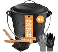 BLACK OAK PITON - Secchio per cenere da 5 l, nero con coperchio con manico in legno + spazzola, pala e guanti, in acciaio zincato e verniciato a polvere, design senza tempo