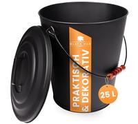 BLACK OAK Secchio per cenere Santorini, 25 l, nero con coperchio, XXL, extra grande, 25 litri, in acciaio zincato a prova di fuoco, verniciato a polvere, cenere e carbone, accessorio ideale per