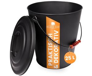 BLACK OAK Secchio per cenere Santorini, 25 l, nero con coperchio, XXL, extra grande, 25 litri, in acciaio zincato a prova di fuoco, verniciato a polvere, cenere e carbone, accessorio ideale per camino