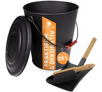 BLACK OAK Secchio per cenere Santorini 25L - SET con pala e scopa grande 25 litri nero rotondo con coperchio in acciaio resistente al fuoco zincato e verniciato a polvere, ideale per ceneri e carbone