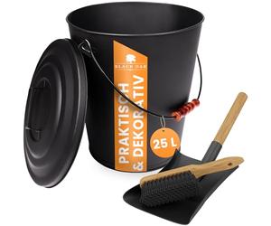 BLACK OAK Secchio per cenere Santorini 25L - SET con pala e scopa grande 25 litri nero rotondo con coperchio in acciaio resistente al fuoco zincato e verniciato a polvere, ideale per ceneri e carbone