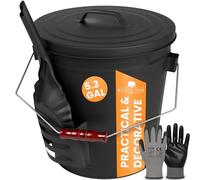 BLACK OAK Secchio per cenere Stromboli 5.3 GAL - Nero con coperchio, pala e guanti - Manico argento - Grande 20L, Acciaio zincato ignifugo e verniciato a polvere, cenere e carbone, camino, stufa in