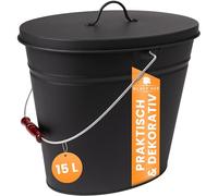 BLACK OAK Secchio per cenere Vesuvio 15L - nero ovale con coperchio - grande 15 litri - in acciaio resistente al fuoco zincato e verniciato a polvere, ideale per cenere e carbone, accessorio perfetto