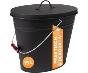BLACK OAK Secchio per cenere Vesuvio 15L - nero ovale con coperchio - grande 15 litri - in acciaio resistente al fuoco zincato e verniciato a polvere, ideale per cenere e carbone, accessorio perfetto