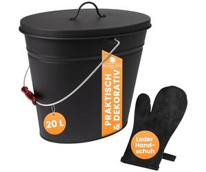 BLACK OAK Secchio per cenere Vesuvio, 20 l, con guanto in pelle, nero, ovale, con coperchio, grande, 20 litri, in acciaio zincato a prova di fuoco, verniciato a polvere, cenere e carbone, accessorio