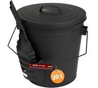 BLACK OAK Stromboli - Secchio per cenere da 20 l, nero con coperchio e pala, manico nero, grande, 20 litri, in acciaio zincato a prova di fuoco, verniciato a polvere, cenere e carbone, accessori per