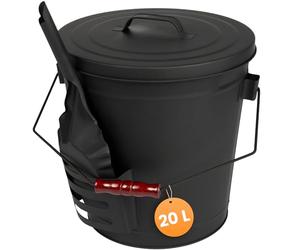 BLACK OAK Stromboli - Secchio per cenere da 20 l, nero con coperchio e pala, manico nero, grande, 20 litri, in acciaio zincato a prova di fuoco, verniciato a polvere, cenere e carbone, accessori per