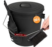 BLACK OAK Stromboli - Secchio per cenere da 20 l, nero con coperchio, pala e scopa, colore: argento, grande, 20 litri, in acciaio zincato a prova di fuoco, verniciato a polvere, cenere e carbone