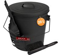BLACK OAK Stromboli - Secchio per cenere da 20 l, nero con coperchio, pala e scopa, grande 20 litri, in acciaio zincato a prova di fuoco, verniciato a polvere, cenere e carbone, accessorio per camino