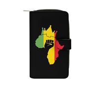 Black Power Fist on Africa Map Portafoglio da donna in pelle porta carte di credito borsa grande capacità pochette con tasca con cerniera