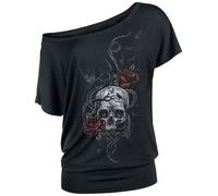 Black Premium by EMP Donna T-Shirt Nera con Grande Stampa di Teschio e Rose sul Davanti