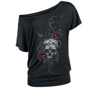 Black Premium by EMP Donna T-Shirt Nera con Grande Stampa di Teschio e Rose sul Davanti S