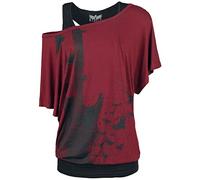 Black Premium by EMP Donna T-Shirt Nera e Rossa a Doppio Strato con Stampa di Chitarra L