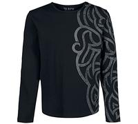 Black Premium by EMP Uomo Maglia Nera a Maniche Lunghe con Grande Ornamento