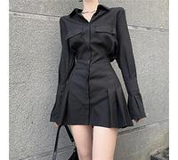 Black Shirt Dress Women Elegant Vintage Long Sleeve Dresses Sexy Gothic Piegheated Streetwear Turn-Down Collar Casual Robe-Black, L