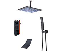Black Shower System LED Digital Display Shower Faucet Set Ceiling Mounted Shower Combo Set Brass Mixer Shower with Waterfall Tub Spout, LED Shower Head, Handheld Shower,1