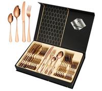 Black silverware set, Flatware Set 24 Piece, tableware set Gift Box, tableware sets includes Dinner-Knife, Fork, and Spoon(gift box consists of 6 colors) (Rose Gold)