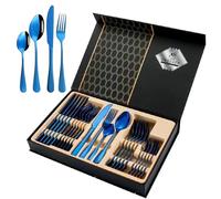 Black silverware set, Flatware Set 24 Piece, tableware set Gift Box, tableware sets includes Dinner-Knife, Fork, and Spoon(gift box consists of 6 colors) (Blue)