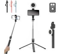 (Black, Single Fill Light) Bastone selfie Bluetooth 6 in 1 con treppiede, estendibile per smartphone, telecomando