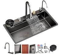 Black Stainless Steel Kitchen Sink - Top Mount Single Bowl Waterfall Sink with Pull-out Faucet Drain Basket & Glass Cleaner - Modern Design for Easy Cleaning & Stylish Upgrade