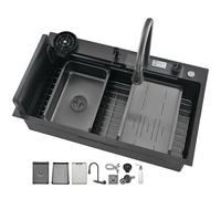 Black Stainless Steel Kitchen with Waterfall Faucet Multi-Function Pull-out Full Set of Accessories(68X45X22cm)